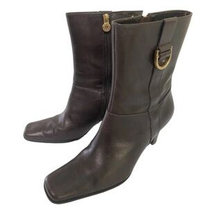 Etienne Aigner dark brown square toed boots with gold buckles size 6.5